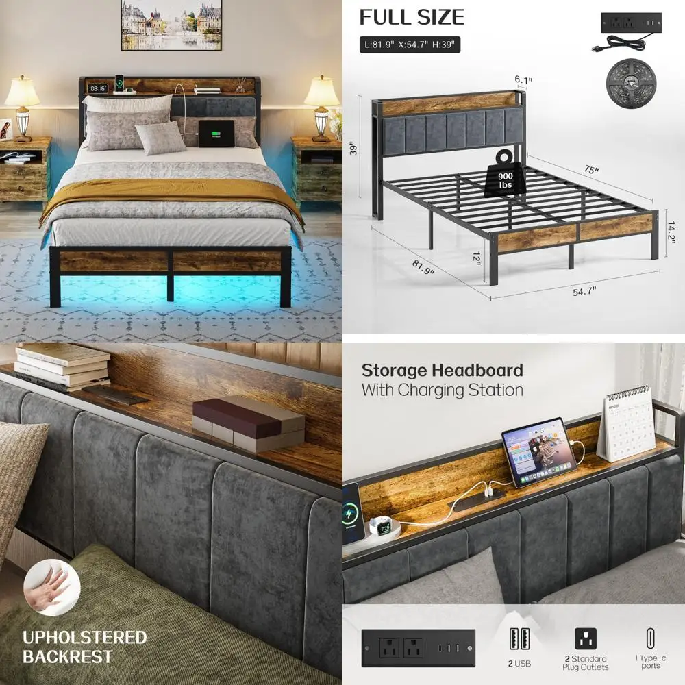 Storage-Enabled Full Metal Bed Frame with Charging Station Headboard, Smart LED Lighting, No Box Spring Needed, Simple Assembly
