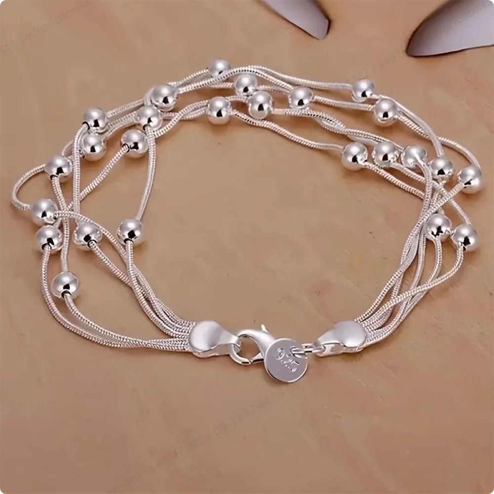

925 Sterling Silver Delicate Beaded Bracelet for Women, Fashion Jewelry, Wedding Party Accessories