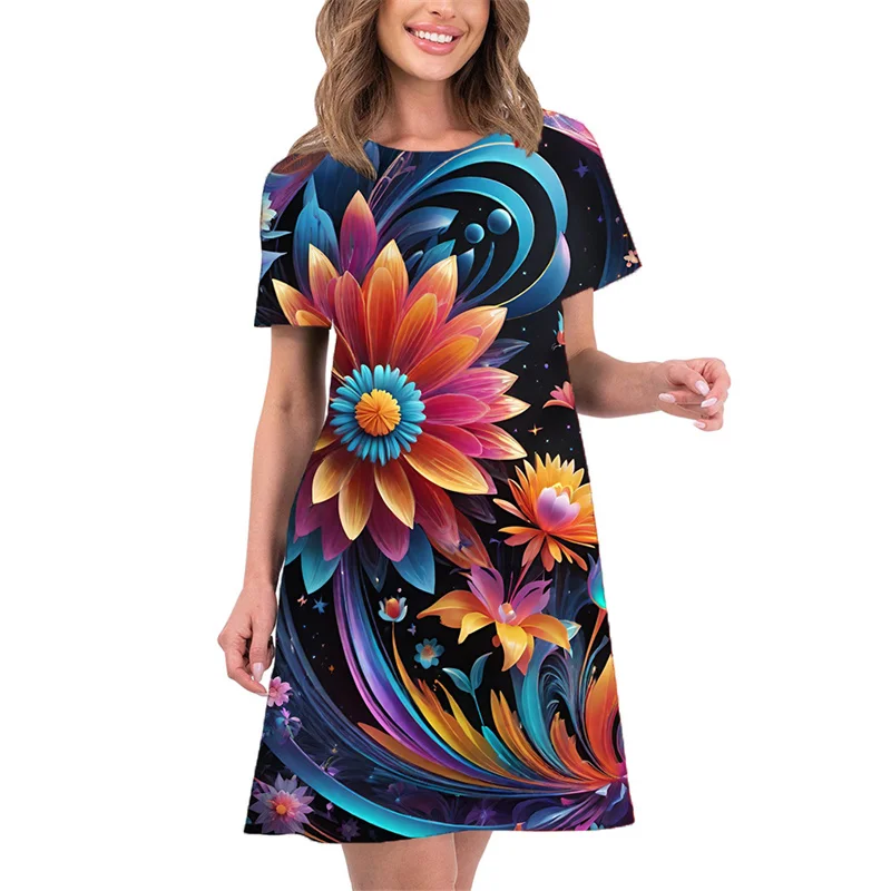 Women Short Sleeve Dress Summer Elegant Woman Clothing Fashion Party Evening Dress Floral Flower Print Dresses Retro Pullover