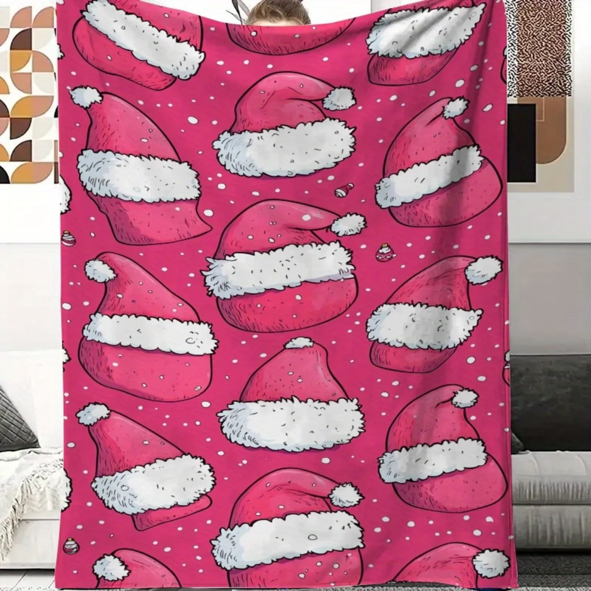 

Pink Santa hat print flannel blanket - for beds, sofas, offices, travel, decorating, chairs, and as a holiday gift for friends