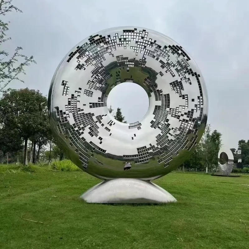 Modern Garden Fountain Polished 3D Circular Illuminated Stainless Steel Statue Decor Customizable Colors Sizes Deposit Only