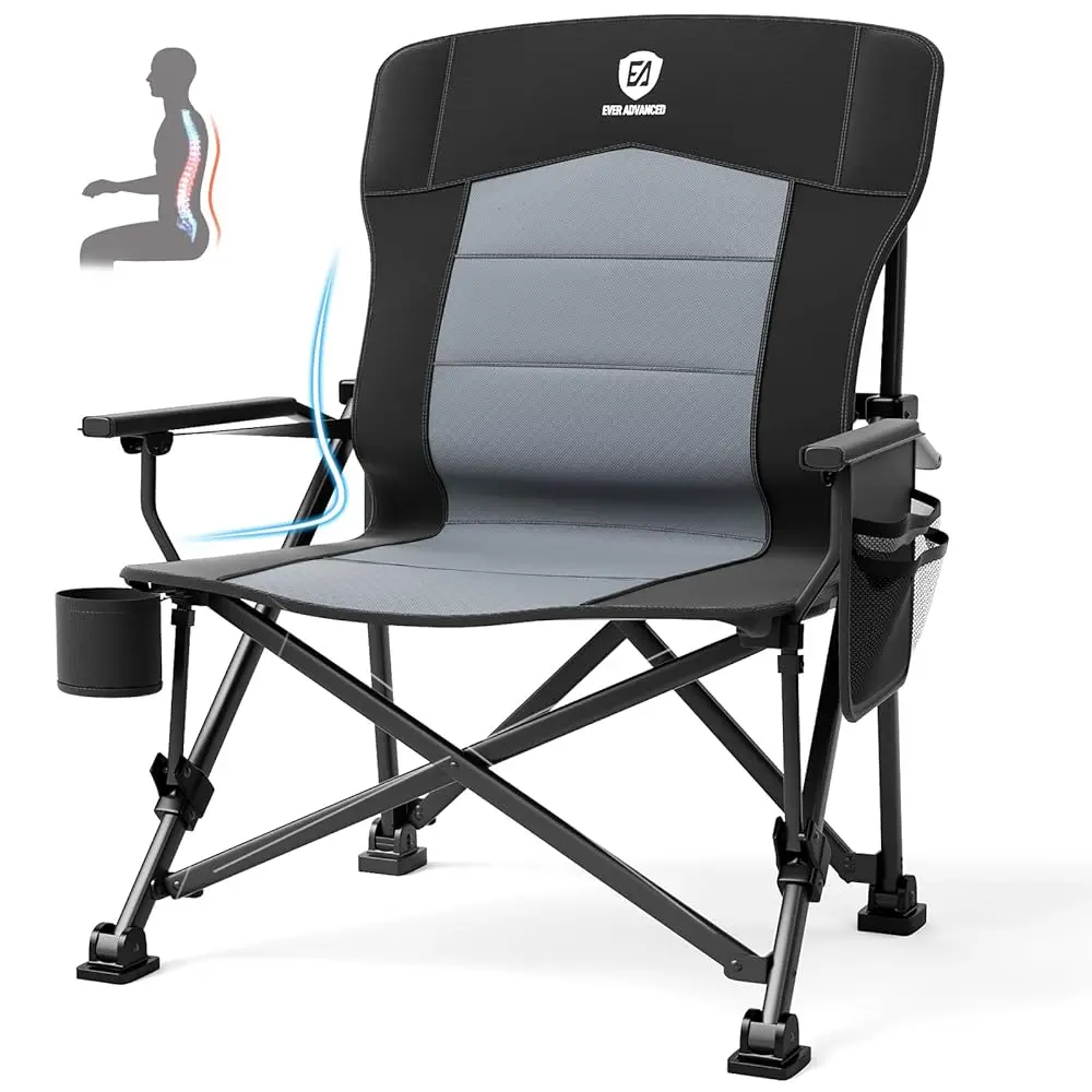

Oversized Folding Camping Chair For Adults With Adjustable Lumbar Support, Heavy Duty Chair With Side Pockets, Portable