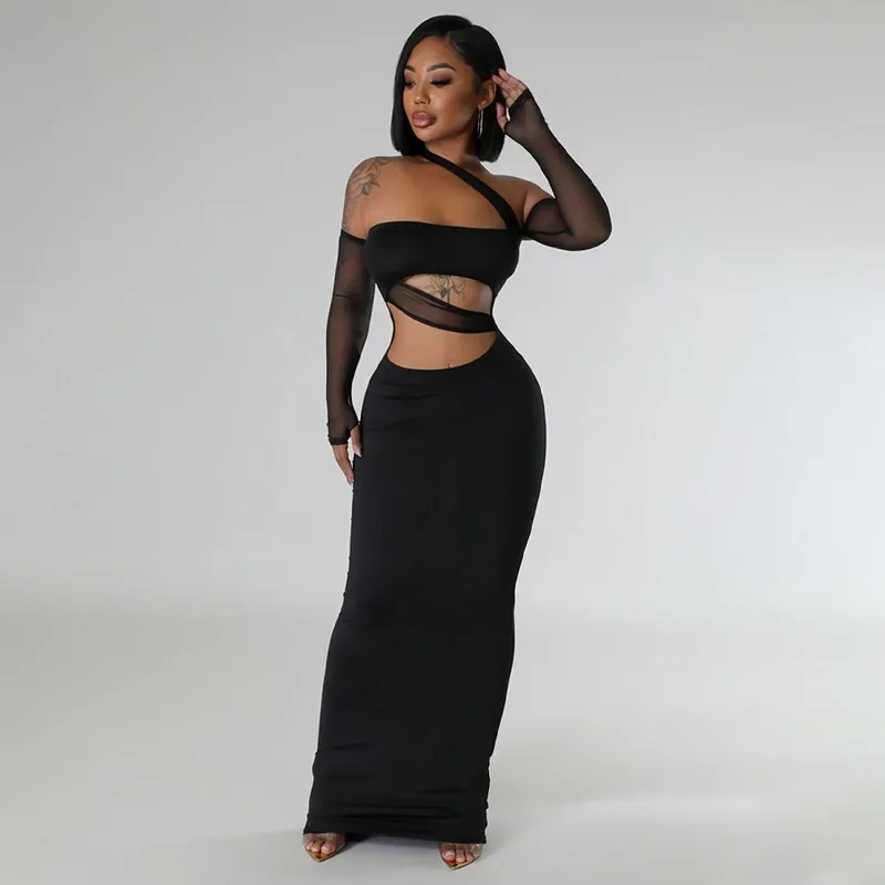 فستان KEXU Fashion النسائي الجديد المثير ذو المنظور الشبكي المرقعة فستان طويل بأكمام طويلة للحفلات الليلية للنوادي #1