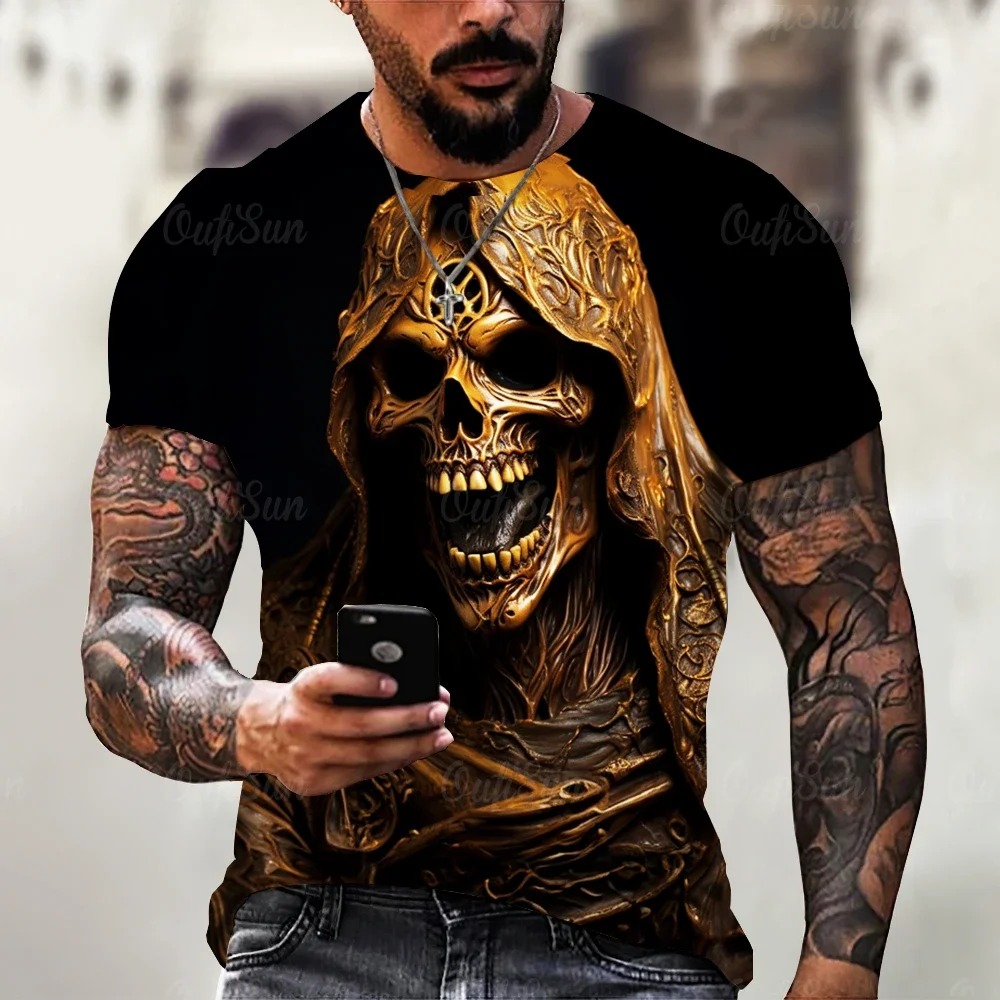 

Summer Men's T-shirt Vintage Horror 3D Skull Print Classic Casual O Neck Short Sleeve Fashion Loose Oversized Tops Tee Shirt Men