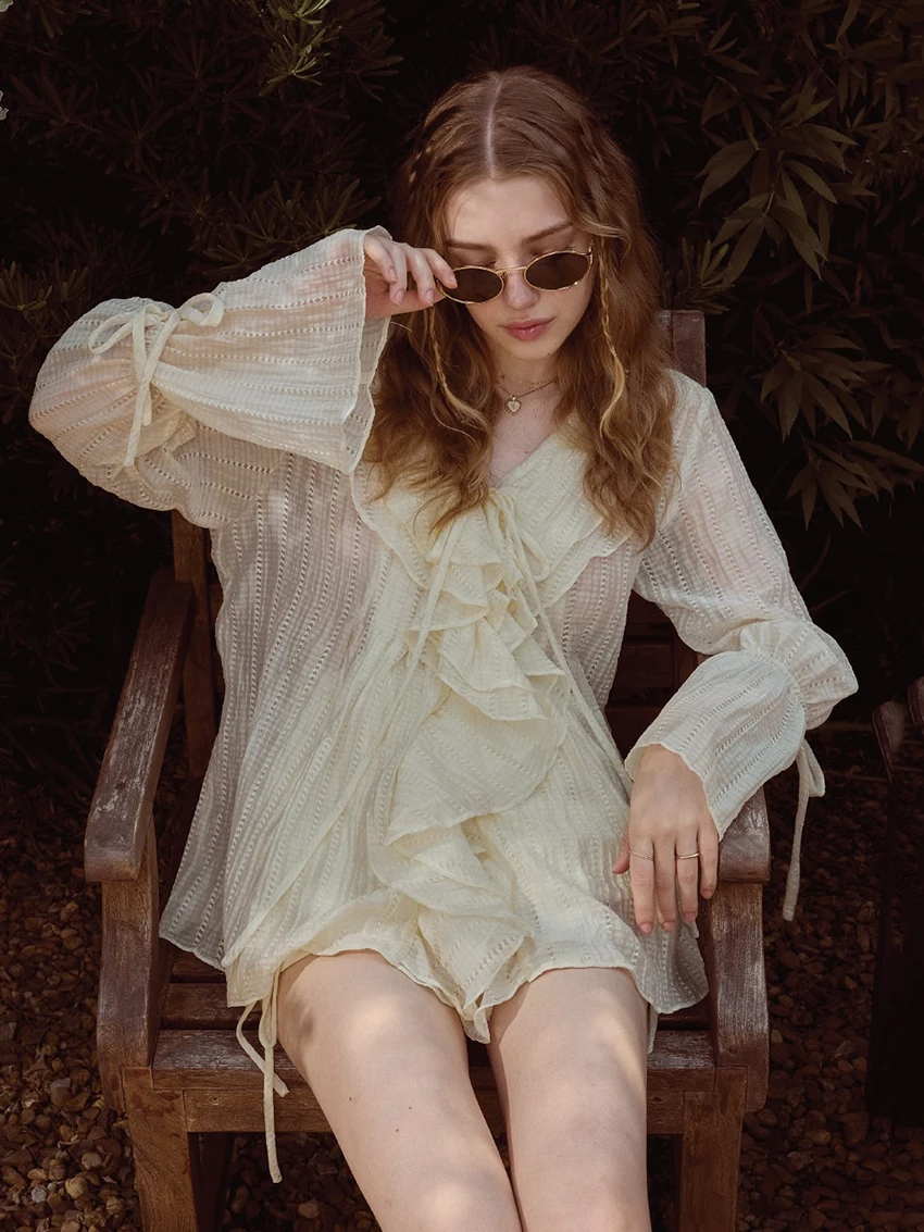 Marthaqiqi Fashion Ladies Nightwear Suit Lace Up Pajama Long Sleeve Sleepwear Sexy V-Neck Nightgowns Skirts Elegant Nightie Set