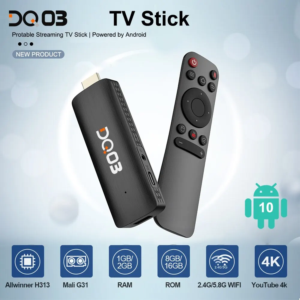 DQ03 Mini TV Stick Android 10 Quad Core ARM Cortex A53 2GB 16GB Obsługa 4K H.265 2.4G&5.8G Wifi Streaming Smart TV Box 1GB 8GB