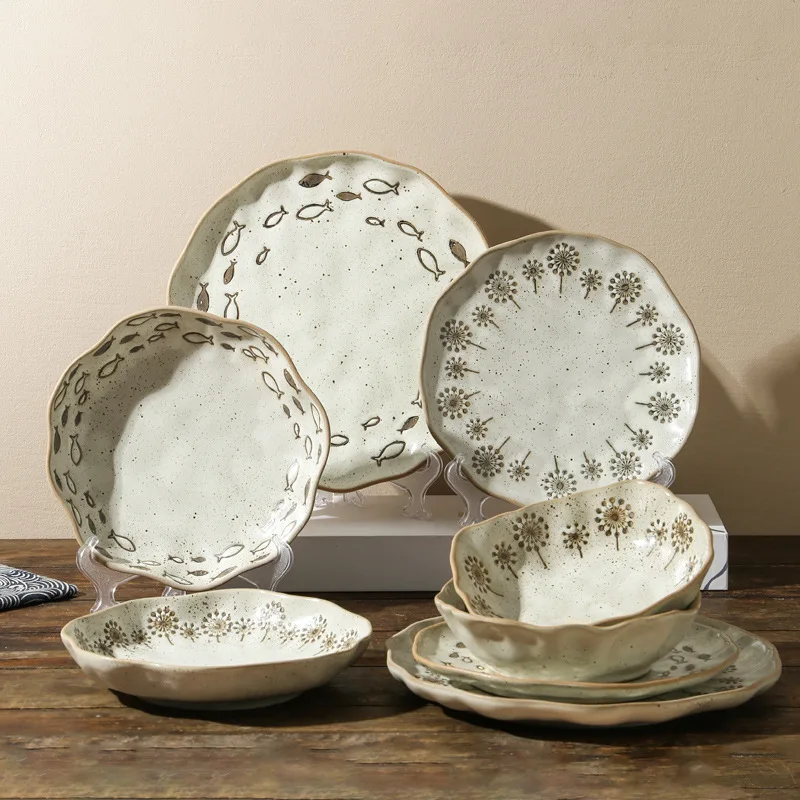 Japanese Stoneware Plate Handmade Underglaze Ceramic Dinner Plate for Pasta Salad Home Dining - view 3