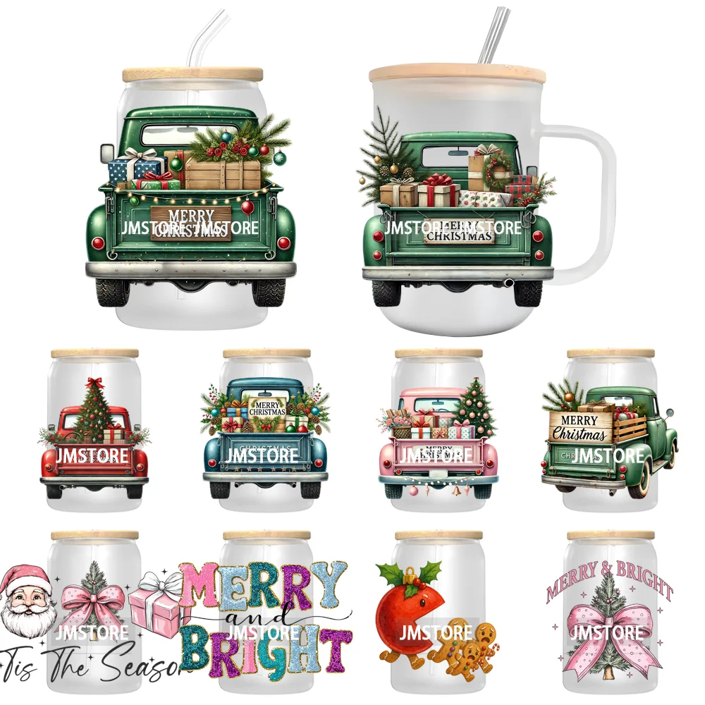 

Акварельные рождественские сельскохозяйственные грузовики, рождественские подарки, УФ-переводные наклейки DTF, готовые к наносу, водонепроницаемые для стеклянной банки Libbey 16 унций