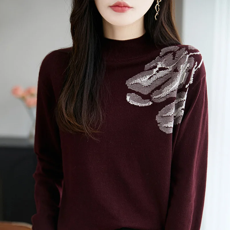 

Шерстяной жаккардовый вязаный свитер с полувысоким воротником, женский камвольный свитер со свободной нижней рубашкой