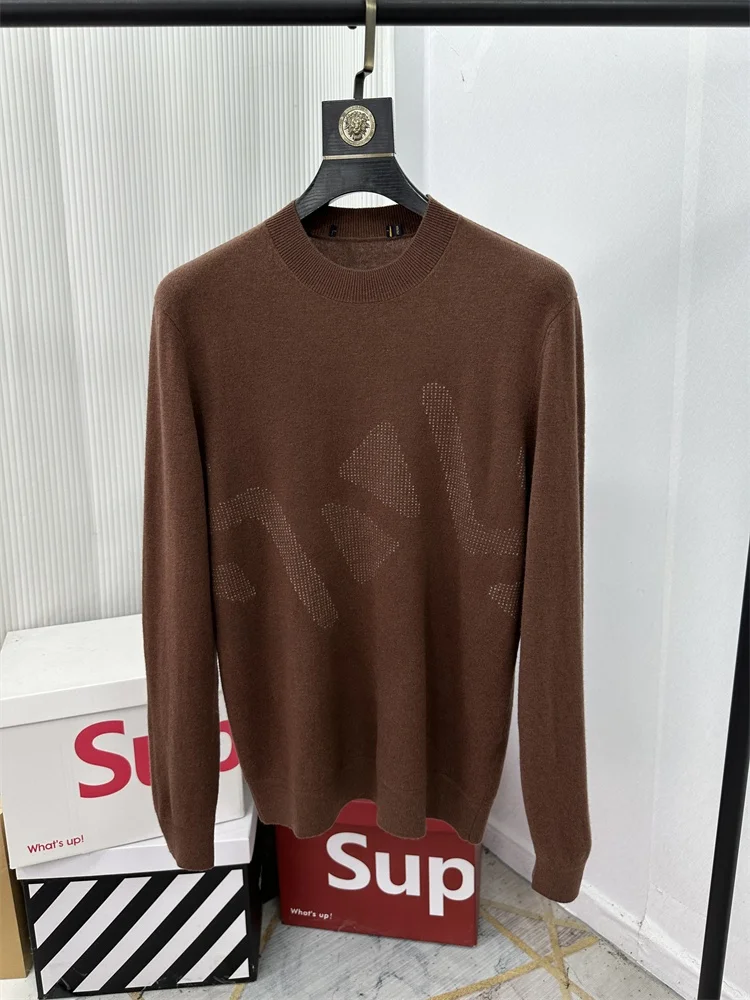 

Мужской свитер из 100% шерсти с круглым вырезом и принтом, модный, осенне-зимний, новый, повседневный, удобный, дышащий, теплый, вязаный свитер