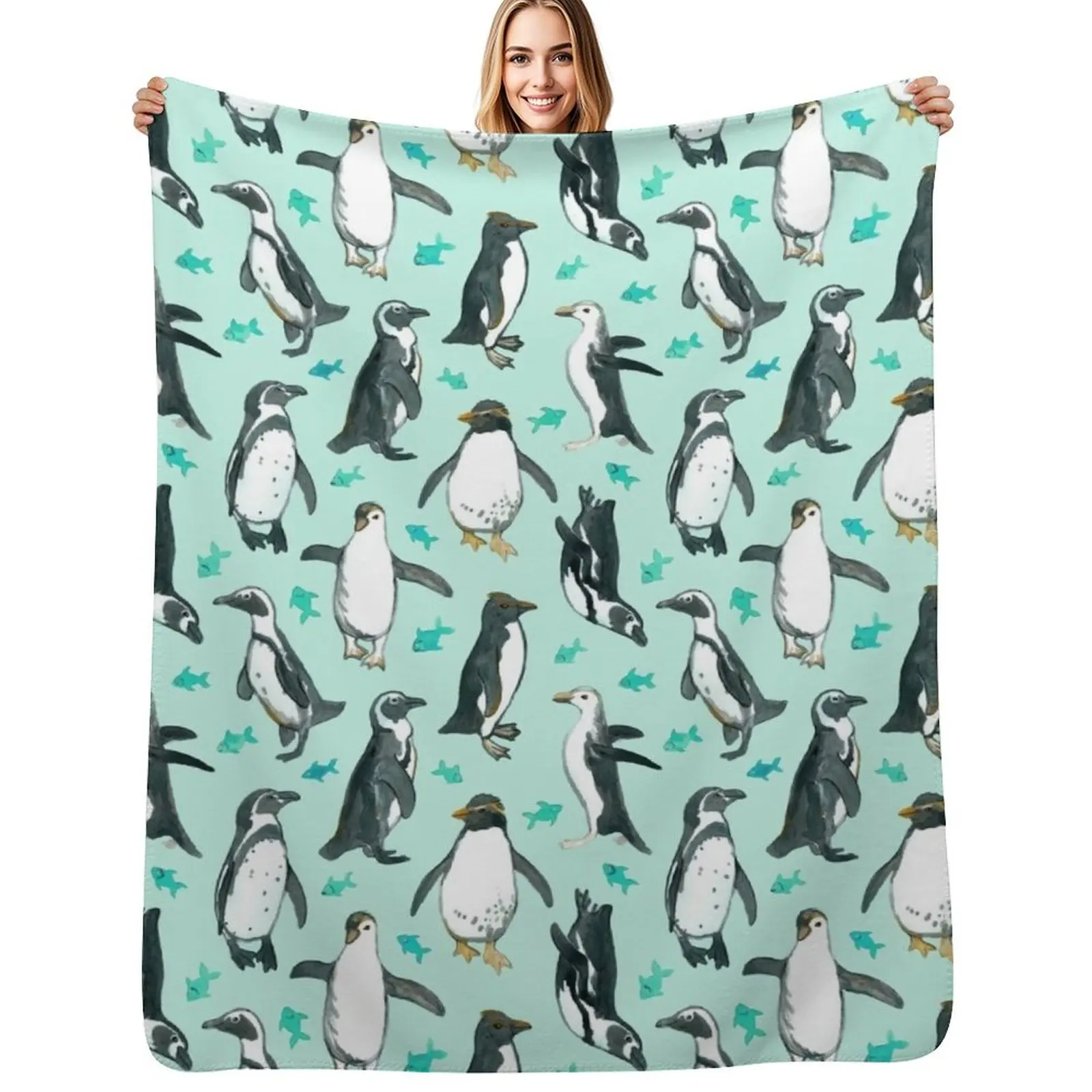 

Lots of Little Penguins on mint Throw Blanket Comforter Summer Plaid Luxury Blankets
