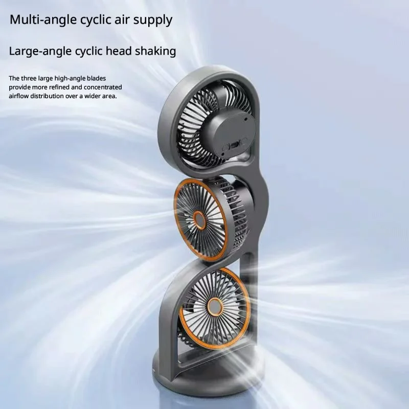 3-Head Vertical Circulation Desk Fan Rechargeable, 5 Speed Independent Control 360° Adjustable Multi-angle Air Cooler