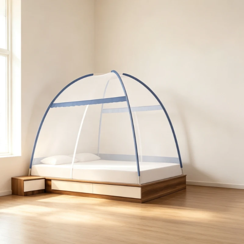 Pop-Up Mongolian Yurt Mosquito Net, No-Install Foldable Bed Canopy Anti-Fall Protection with Full Bottom Cover