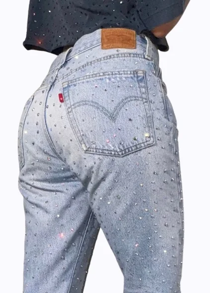 Streetwear Light Blue Denim Trousers Harajuku Rhinestone Graphic Embroidered Jeans Goth Wash Classic High Waist Pants Men Women