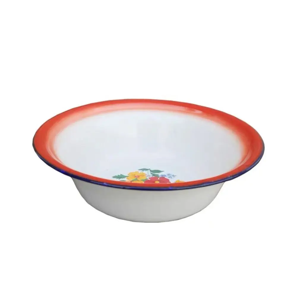 Retro Style Enamel Deep Bowl Vintage Floral Print Kitchen Mixing Basin Food Serving Container Durable Tableware Pot