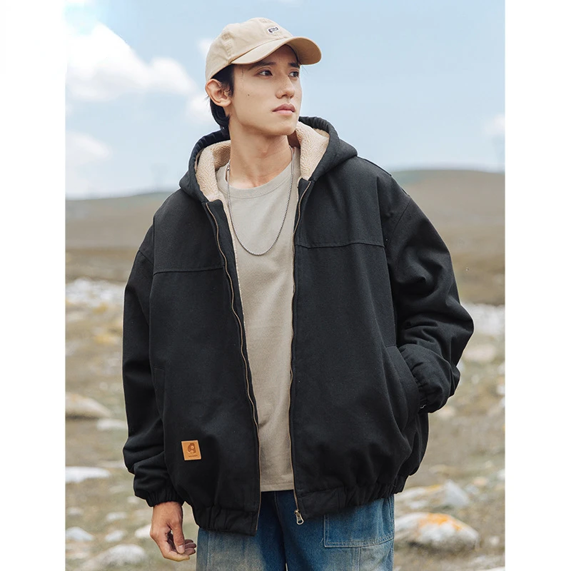 Sherpa Cotton Clothes Streetwear Winter Jacket Men Retro Loose Trendy Brand Thicken Coat Parkas Hooded Keep Warm Comfortable