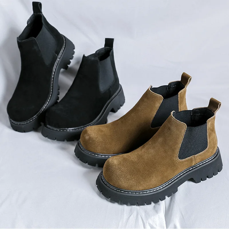 

Handmade Autumn Winter Men Dress Ankle Boots Cow Suede Leather Shoes Tooling Shoes Business Height Increasing Chelsea Boots