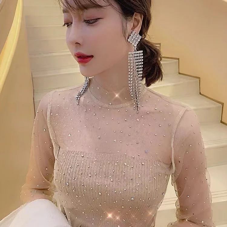 透明レースメッシュトップファッショナブルな透明インナースパンコールスプライシングベースシャツ女性用