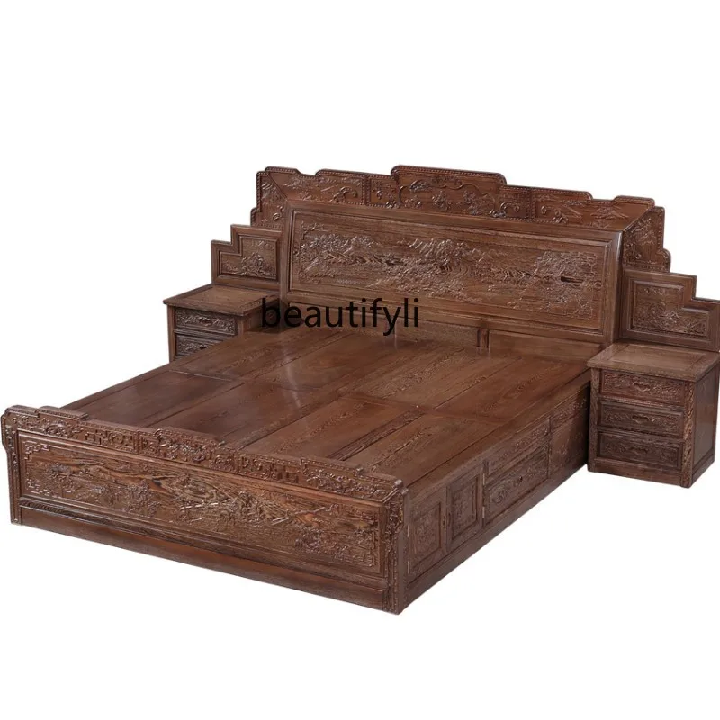 

African Door Frame Bed Chinese Style Rosewood Landscape Carved Double Bed 1.8 M Solid Wood High Box Storage Bed Storage