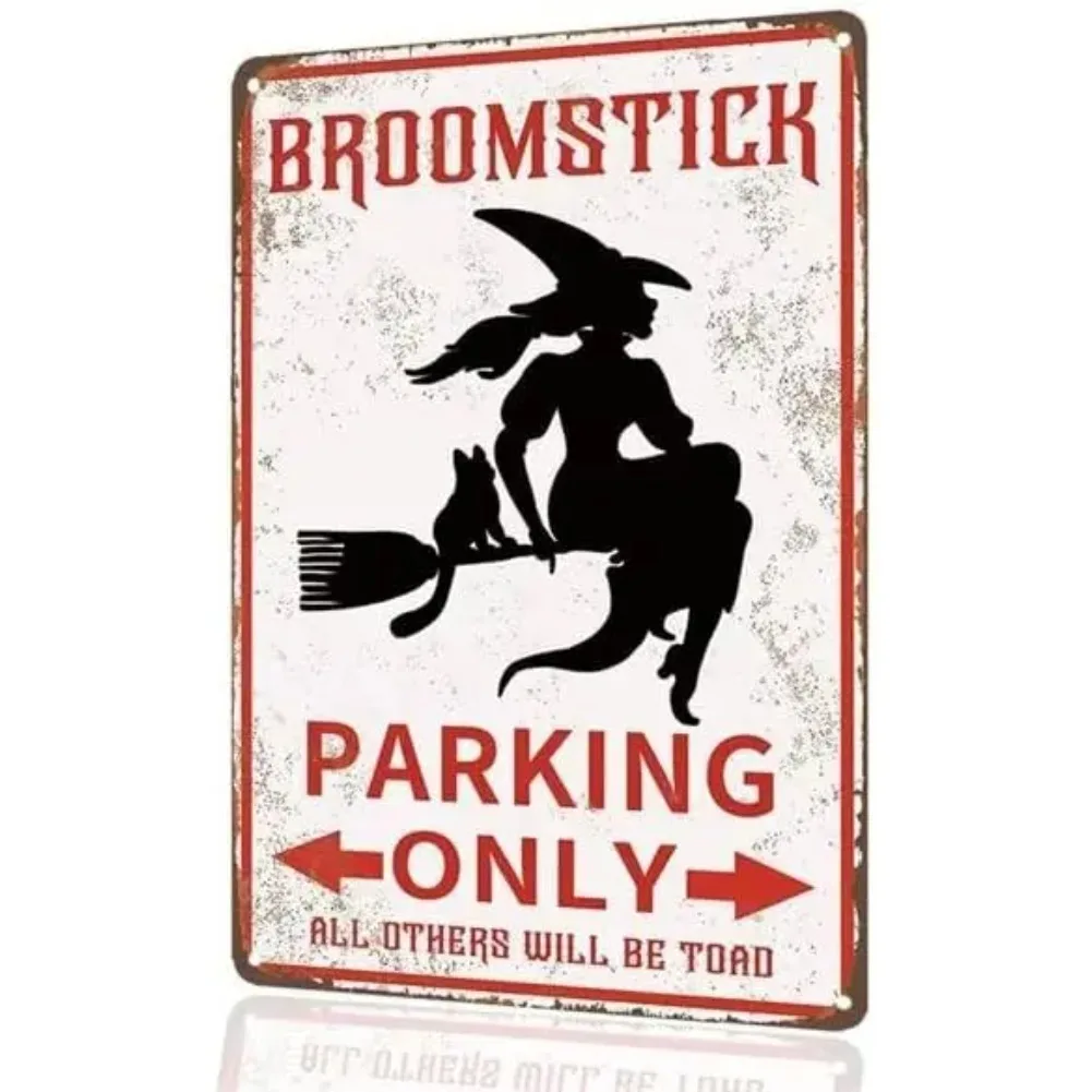 r1,Vintage Witch Broomstick Parking Only Metal Sign, Halloween Decorative Tin Wall Art, es, Red and Black-Aluminum