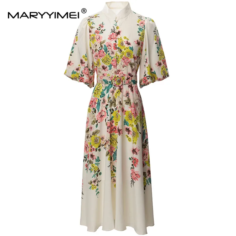 

MARYYIMEI Fashion Women's Shirt Collar Lantern Half -Sleeved Single-Breasted Lace-Up Printed Beaded MIDI Dress