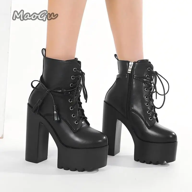 

Punk Chunky Heel Platform Shoes Balck Pu Leather Lace-up Bow Short Boots Street Style Side Zipper Ankle Bootie Size35-42 Botines