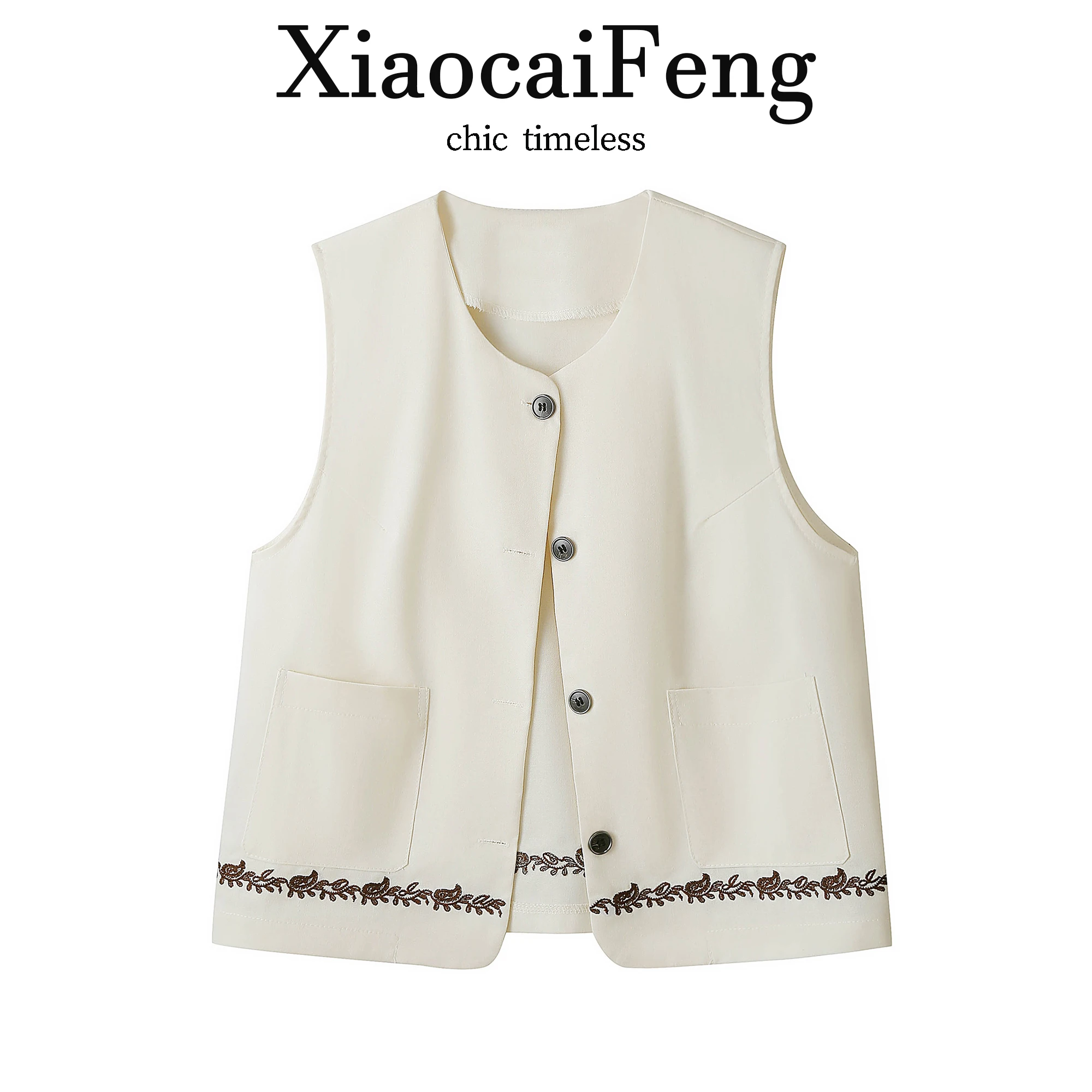 

Retro Heavy Embroidery Linen Sleeveless Vest Women's Summer Slimming Thin Cotton Blend Outerwear Trendy round Neck Button up