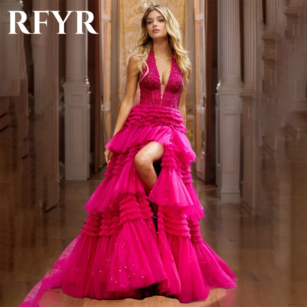 

RFYR Fuchsia Prom Dresses Tulle Wedding Evening Dress Party Dress Tiered Prom Gowns Halter Sleeveless Formal Dress Customized