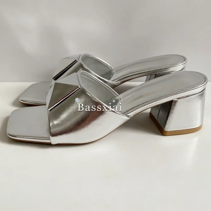 Concise Style Slingbacks Outwear Mules Summer Med Heel Big Rivet Decor Slim Sandals Women view 6