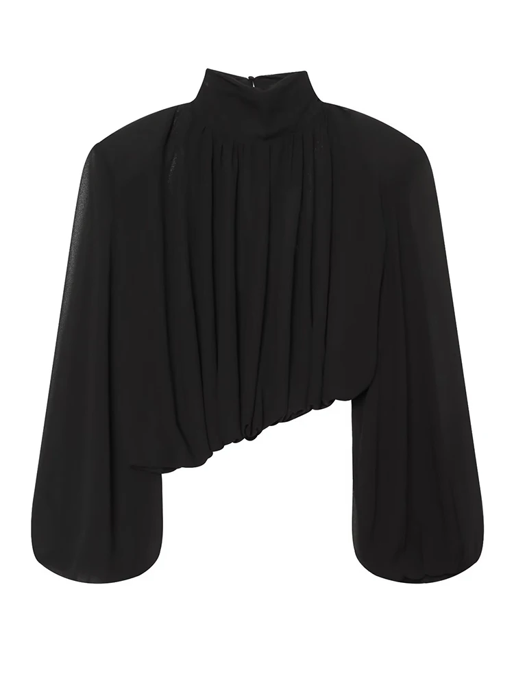 HH Women Chic Mock Neck Sheer Chiffon Crop Blouse Spring Gathered Front Lantern Cropped Shirt For Evening Party Street