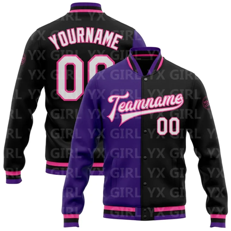 Custom Black White Purple-Pink Bomber Full-Snap Varsity Letterman Split Fashion Jacket Baseball Button Jacket