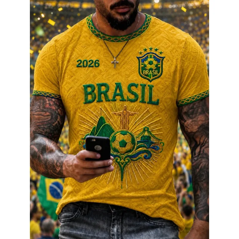 Yellow Green Color Block Christ The Redeemer 3D Print SoccerTee, Breathable Quick-Dry Casual Sports Top For Brazil Football Fans
