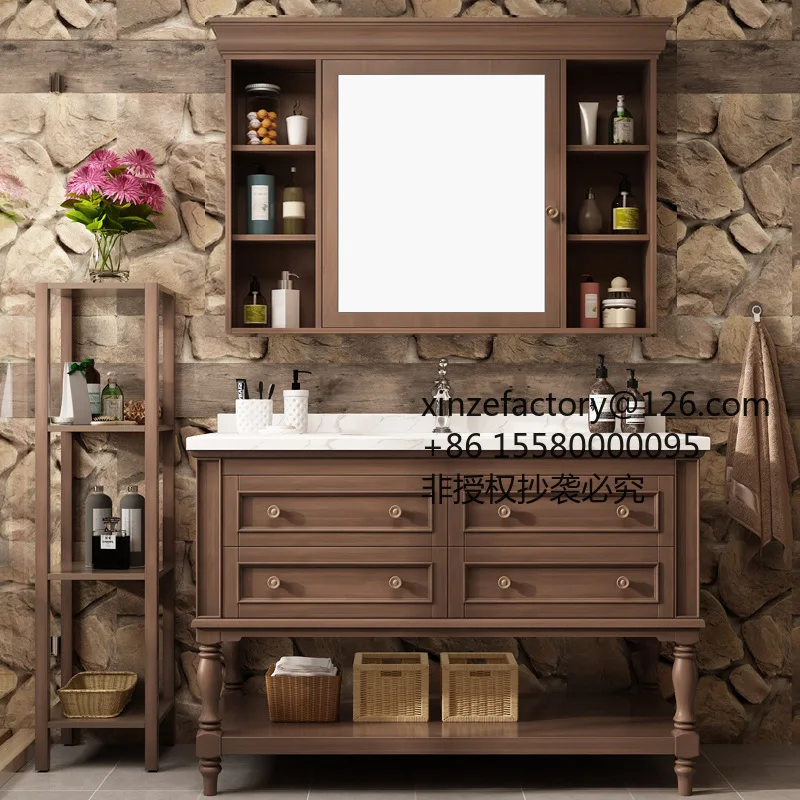 

Factory Direct 2026 Top RatedLight luxury Nordic solid wood American bathroom cabinet combination rock slab face wash basin bath