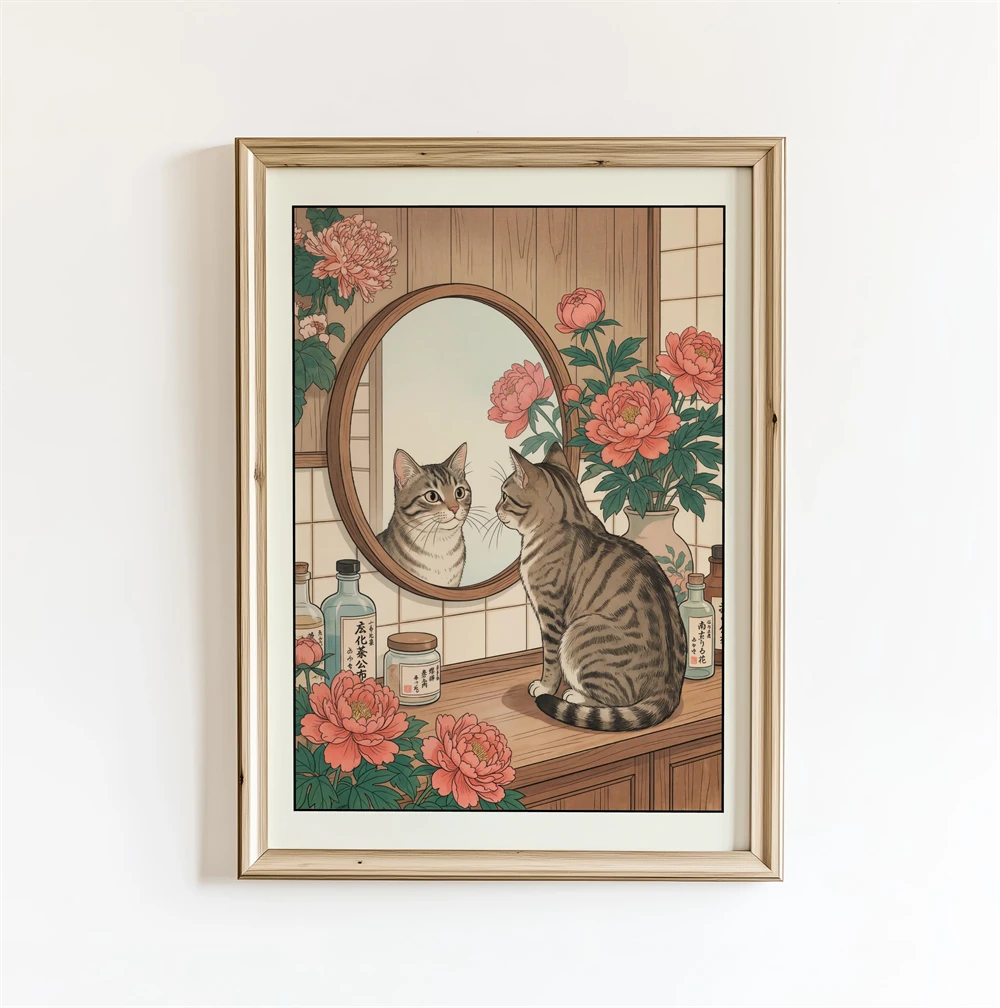 Blossom Bath Serenity Poster Japanese Black Cat Print Ukiyo-e Peony Bathroom Wall Art Wall Decor