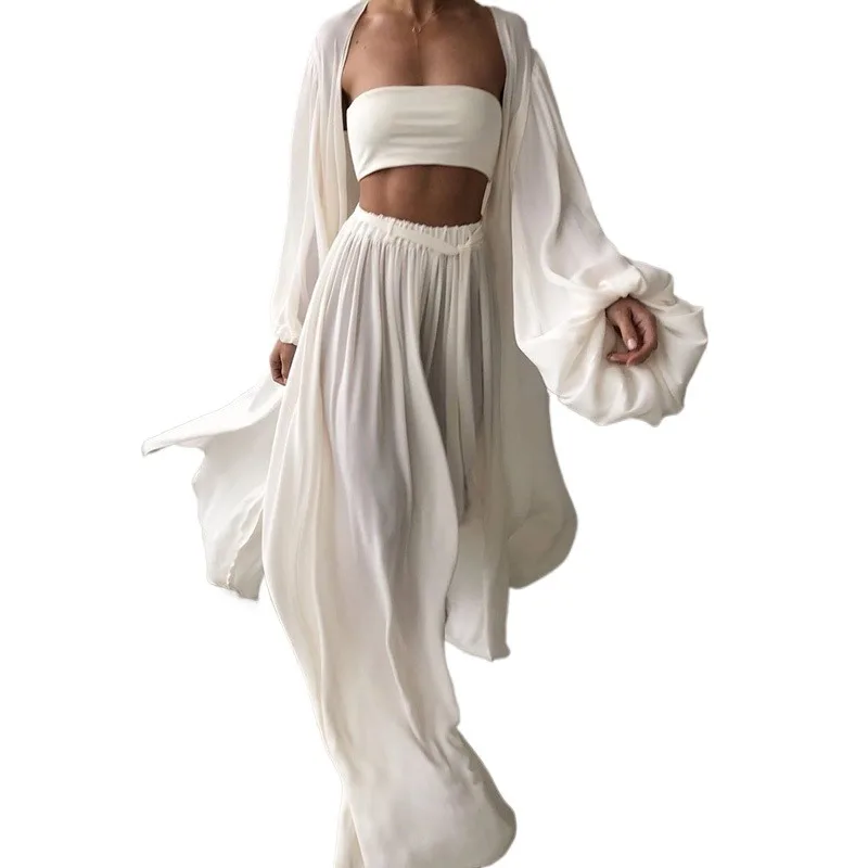 Women 3 Piece Sets Homewear Fashion Casual Lantern Sleeve Cardigan Tops+Wide Leg Pants Suits Lady Spring Soft Three Piece Outfit