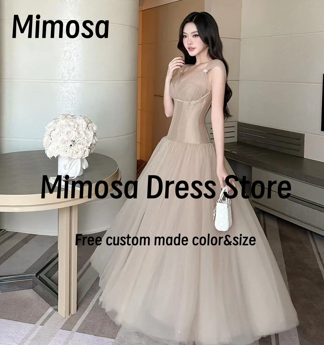 

Mimosa Tulle Long Prom Dresses Off Shoulder Zipper Back Wedding Party Dress Korea Photography Photos Evening Gowns Customized