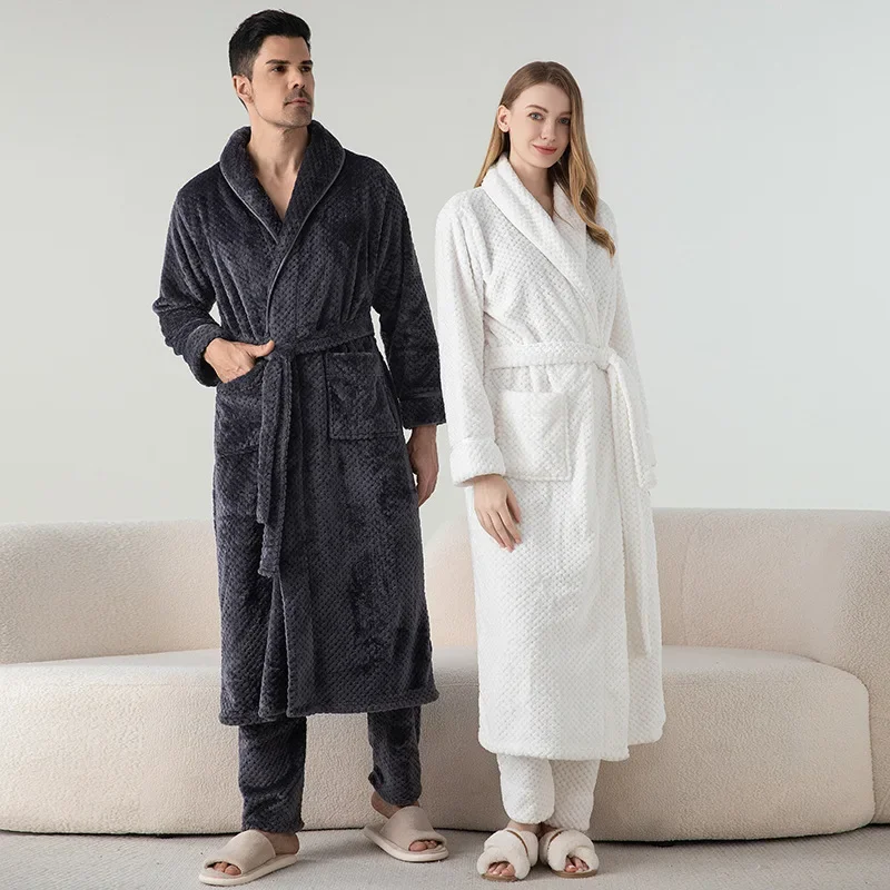 Winter Flannel Nightgown Trousers Suits Bride Groom's Pajamas Female Coral Fleece Long Robe Lounge Wear Thickened Warm Sleepwear