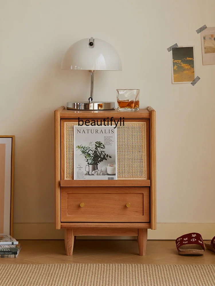 

Nordic solid wood rattan bedside table narrow cherry wood small cabinet locker rack9344