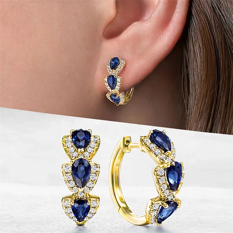 

New Klein Blue Zircon Hoop Earrings, Europ & USA Elegant Socialite Accessories, Retro Magazine-Style Ear Clips for Women Party