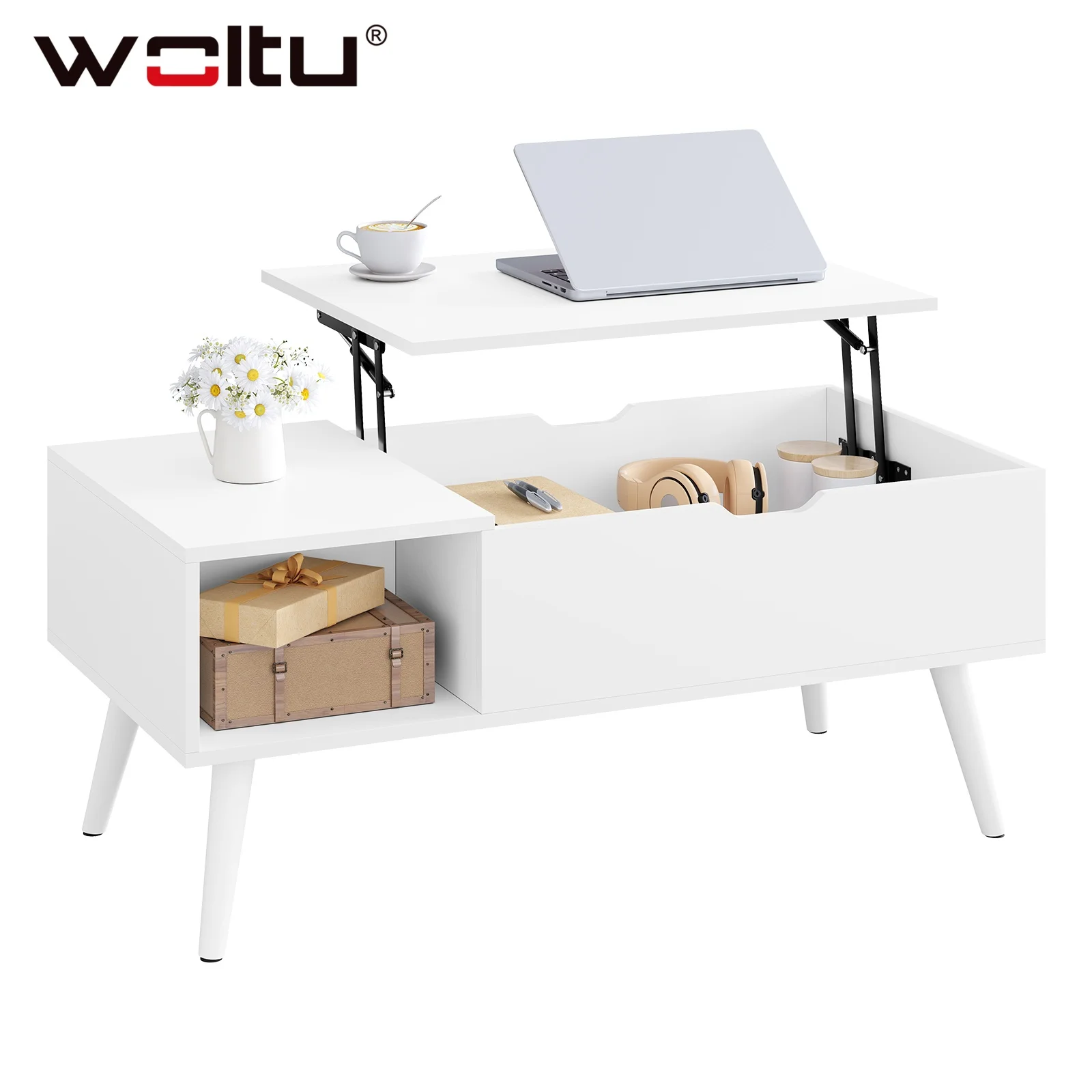 Tavolino da Caffè WOLTU Regolabile in Altezza con Vano Contenitore Nascosto, Tavolo Pieghevole per Divano e Arredamento Casa