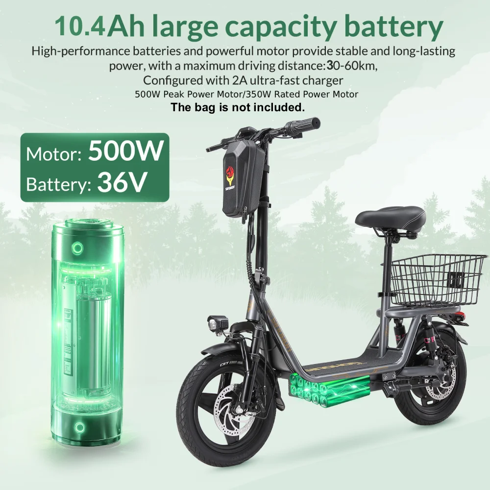 Trottinette électrique SINOHON SK14, moteur de 500 W de puissance maximale, pneus de 14 pouces, batterie amovible 36 V 10,4 Ah, vitesse maximale de 32 km/h, autonomie de 30 à 60 km, moteur nominal de 250 W, freins à disque, régulateur de vitesse, amortisseurs avant et arrière, clignotants arrière, étanche IPX4, trottinette électrique pour trajets urbains.