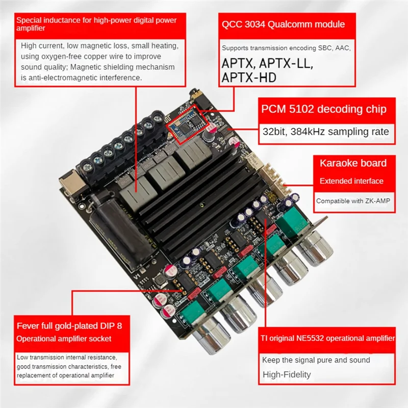 HFES ZK-APTX1 Bluetooth 전력 증폭기 보드 2.1 채널 2X100w+200W ABS 디지털 증폭기 모듈