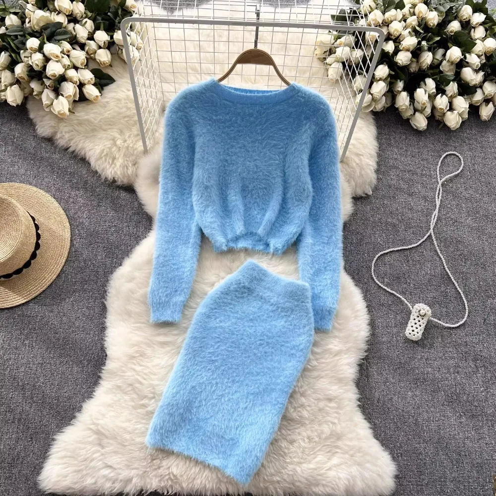 Chic Plush Women Two-Piece Sets Vintage O-neck Knitted Sweater Top High Waist Skirt French High Street Autumn Winter Clothing