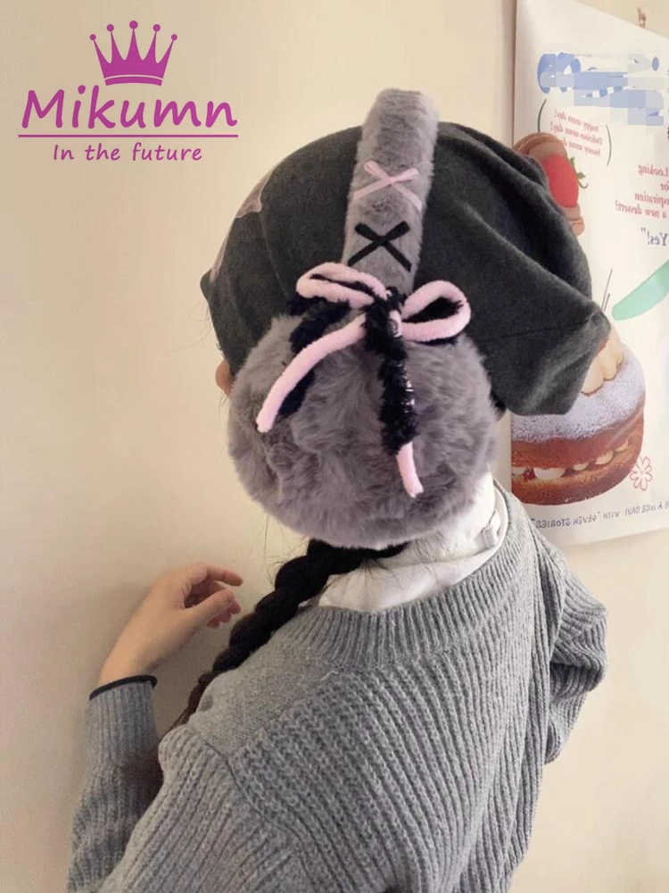 Mikumn Harajuku Y2k Cute Sweet Bow Plush Ear Warmer Women Girls Winter Warm Earmuffs Foldable Outdoor Cold Protection Ear Cover