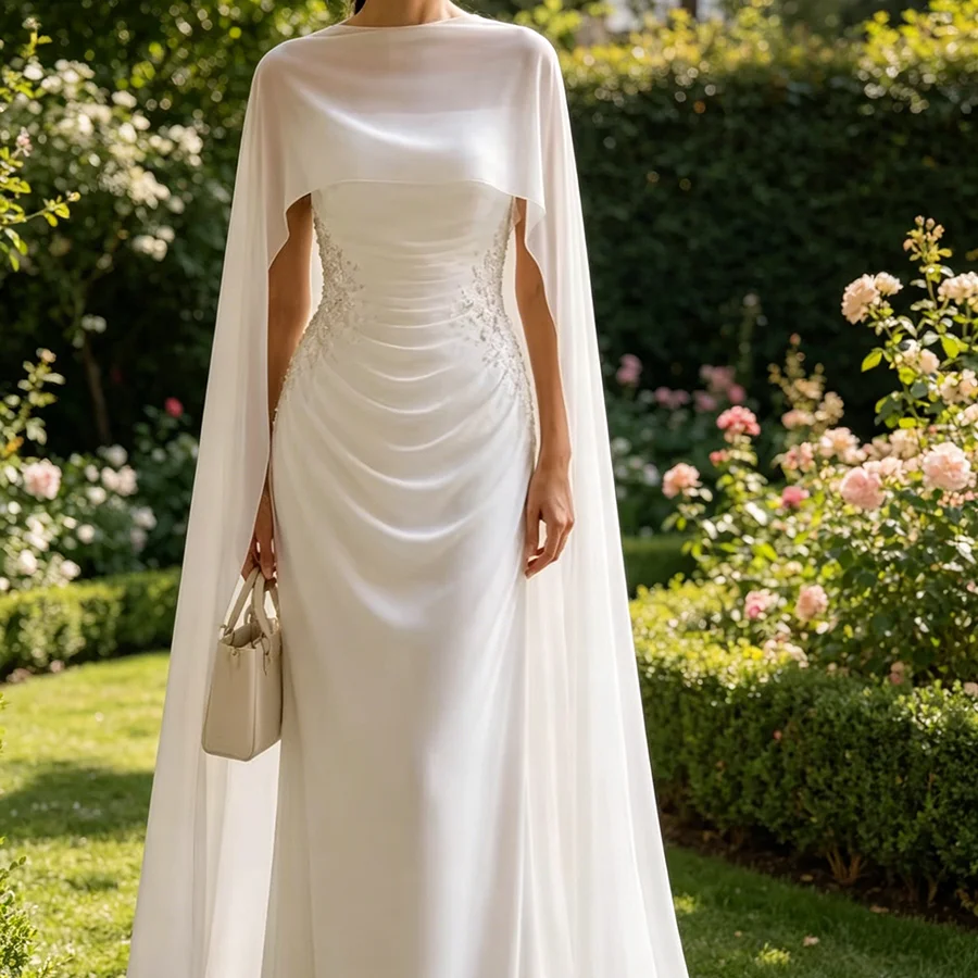 Elegant Cap Sleeve Appliquins Ruched Slim Straight Bride Wedding Dresses Bridal Gowns Customized