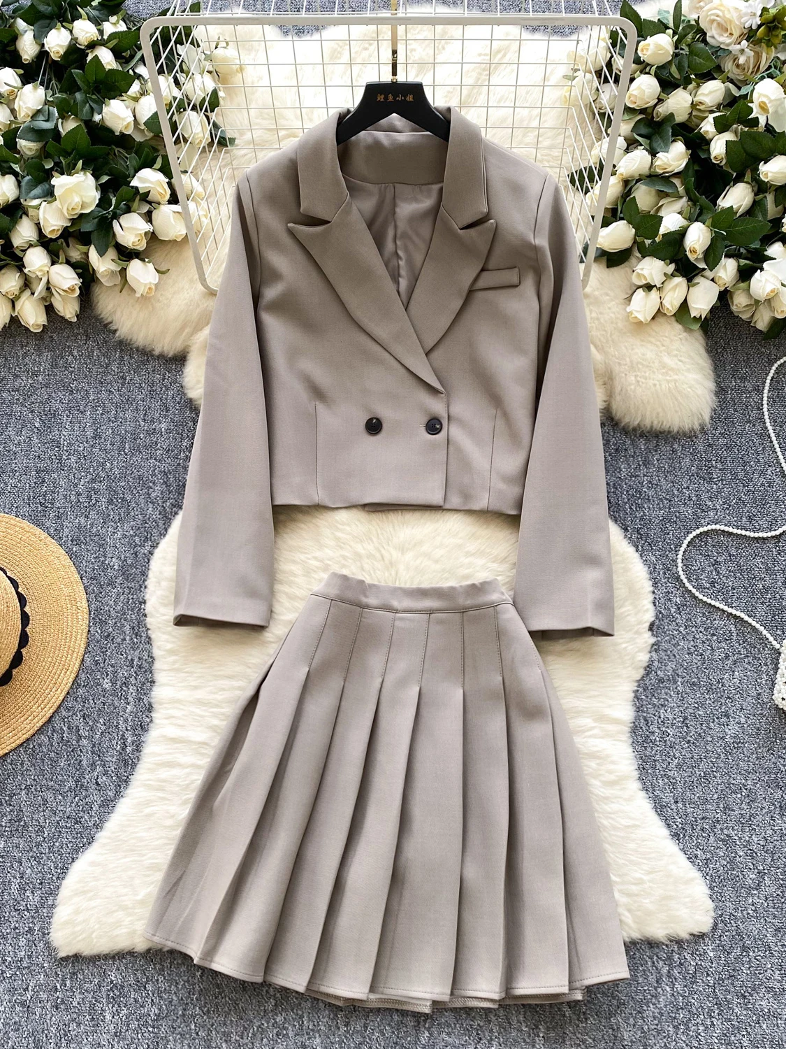 Retro Briti Sle Dames Faion Set Hoge Taille Geplooide Ort Rok Lange Sve Pak Jaet Herfst Seizoen Veelzijdige Kleding