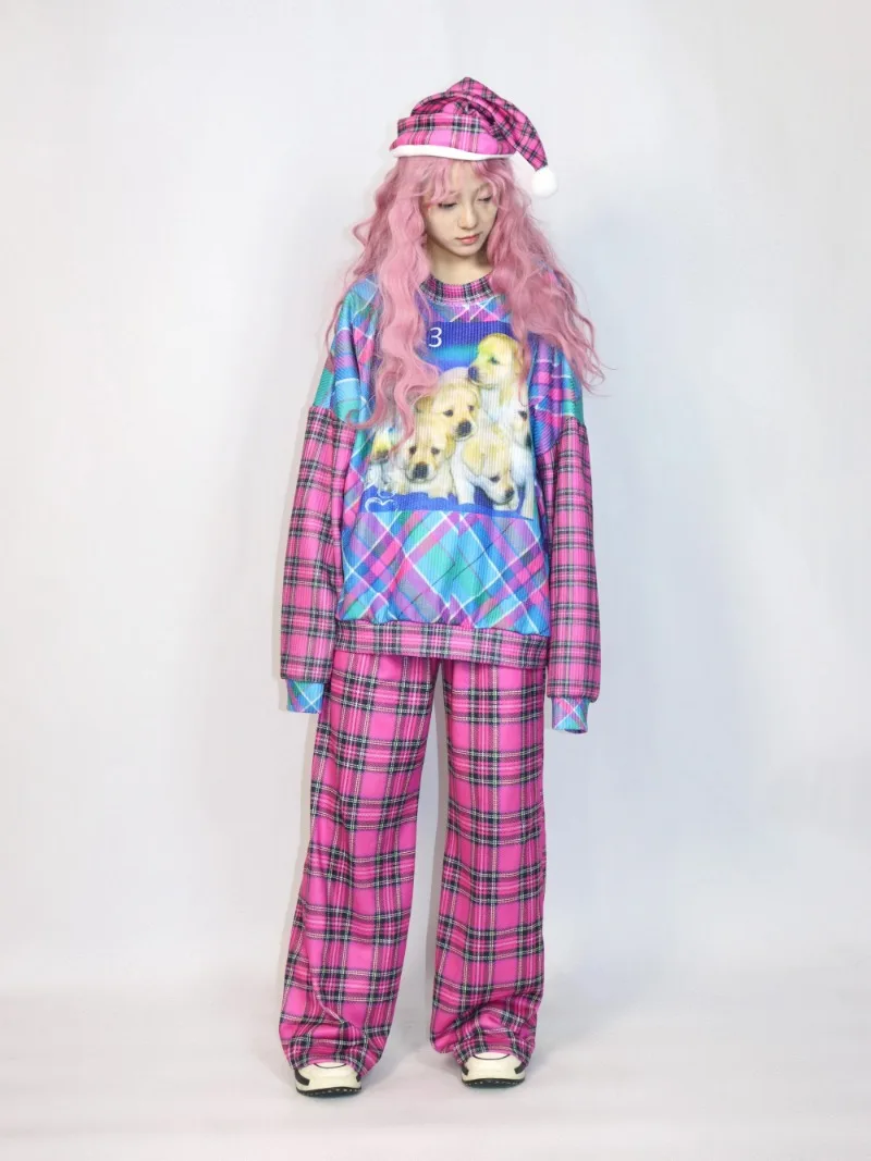 2025 American Pink Dog Sweater Long-sleeved Crew Neck Loose and Thin Versatile Splicing Plaid Print Top T-shirt For Women