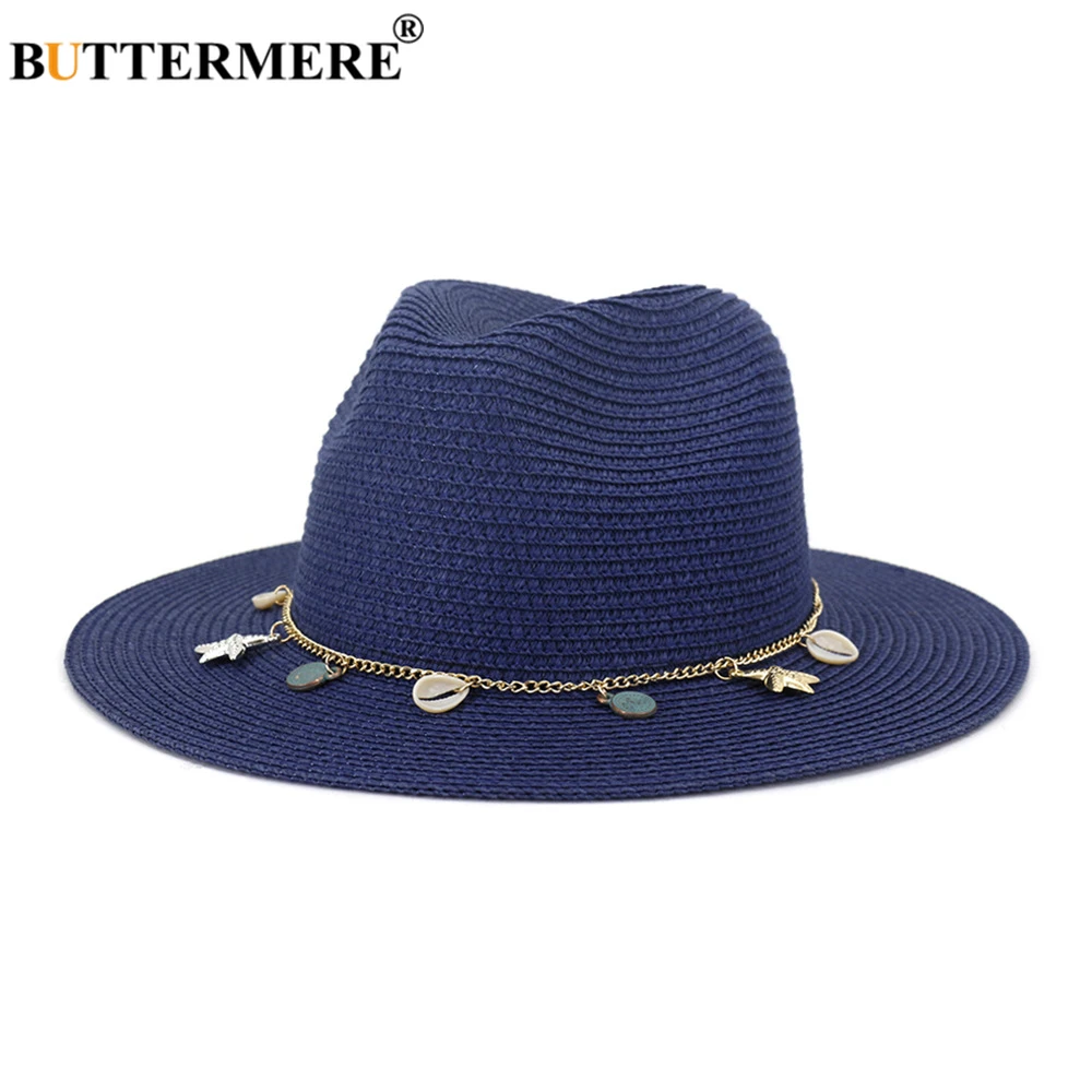 BUTTERMERE Straw Sun Hat Women Summer Wide Brim Ladies Hats Navy Khaki Travel Beach British Style Female Panama Hat