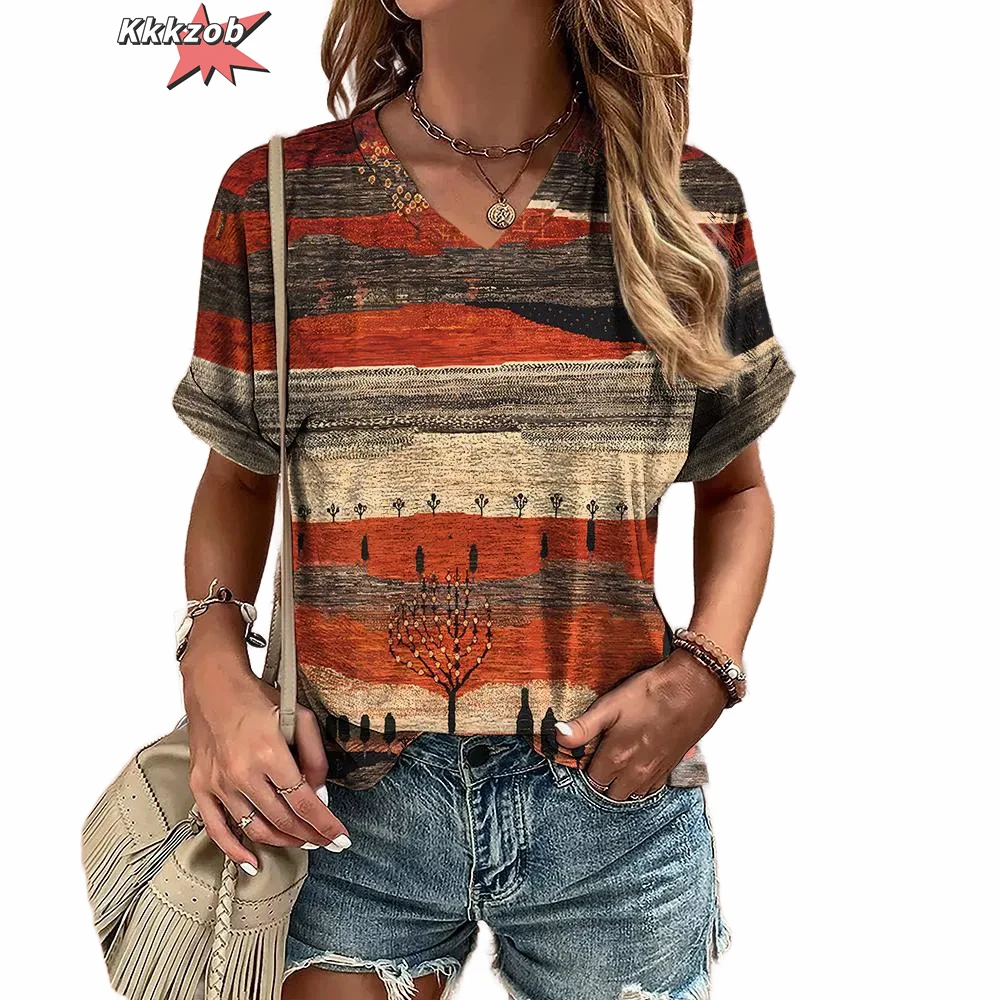 

Vintage V-Neck Harajuku Stripe Print T Shirt for Womenwomen's T-Shirt Summer Short Sleeve Tee Casual Streetwear Pullover Tops
