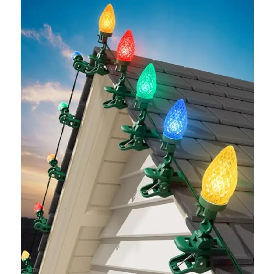 Outdoor Christmas lights: C9, 102FT, 150 LED, white bulbs, weatherproof PVC, energy-efficient, with spring clips for easy mount